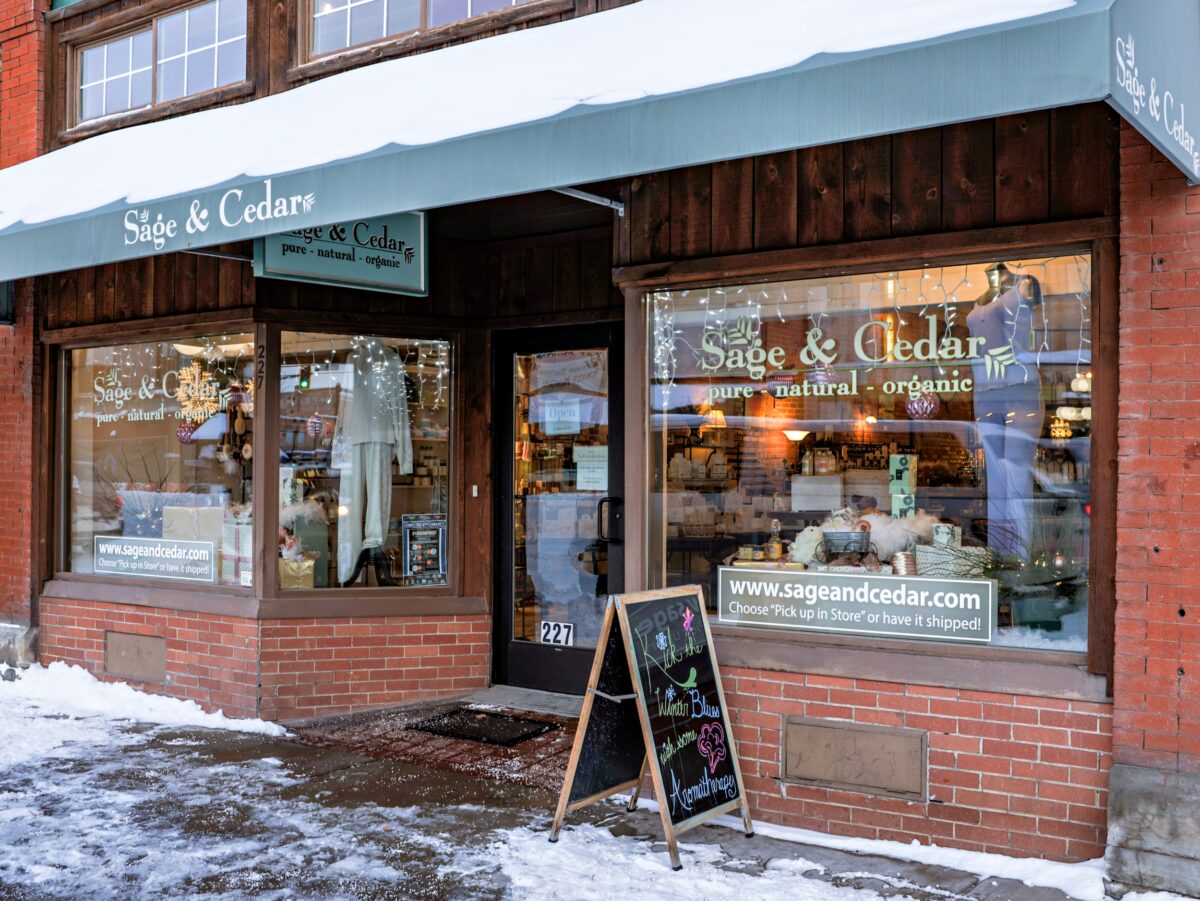 Sage and Cedar downtown Kalispell store front in winter