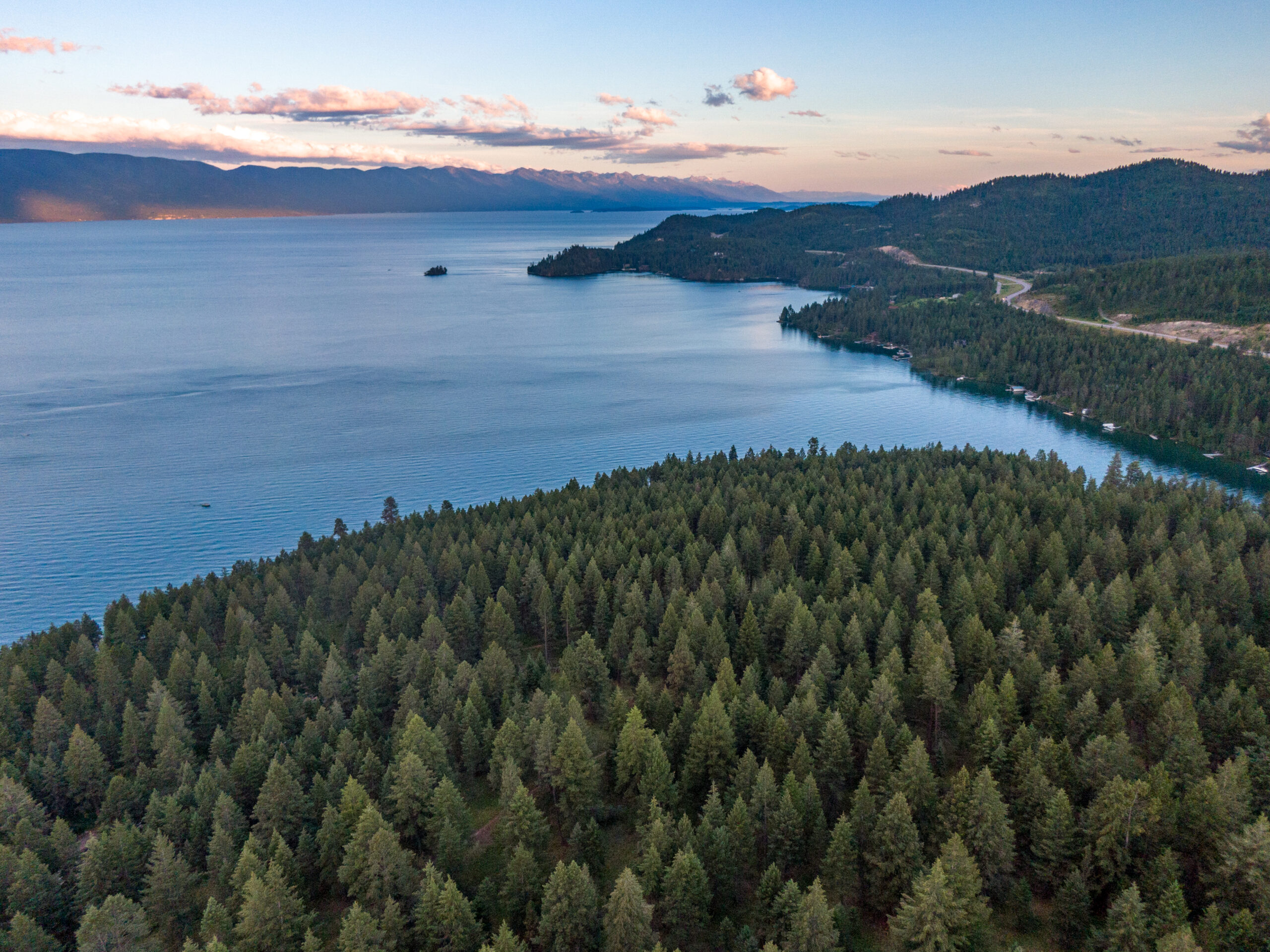aerial view of flathead lake and surrounding evergreen-clad hills