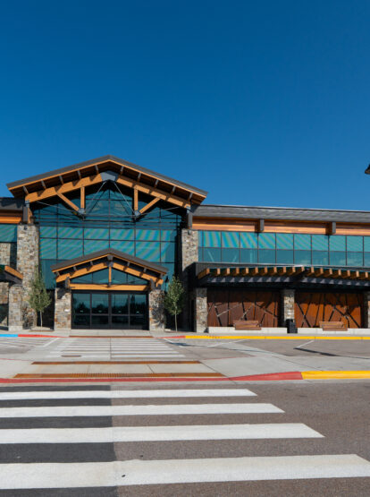 Glacier Park International Airport main entrance against blue skies