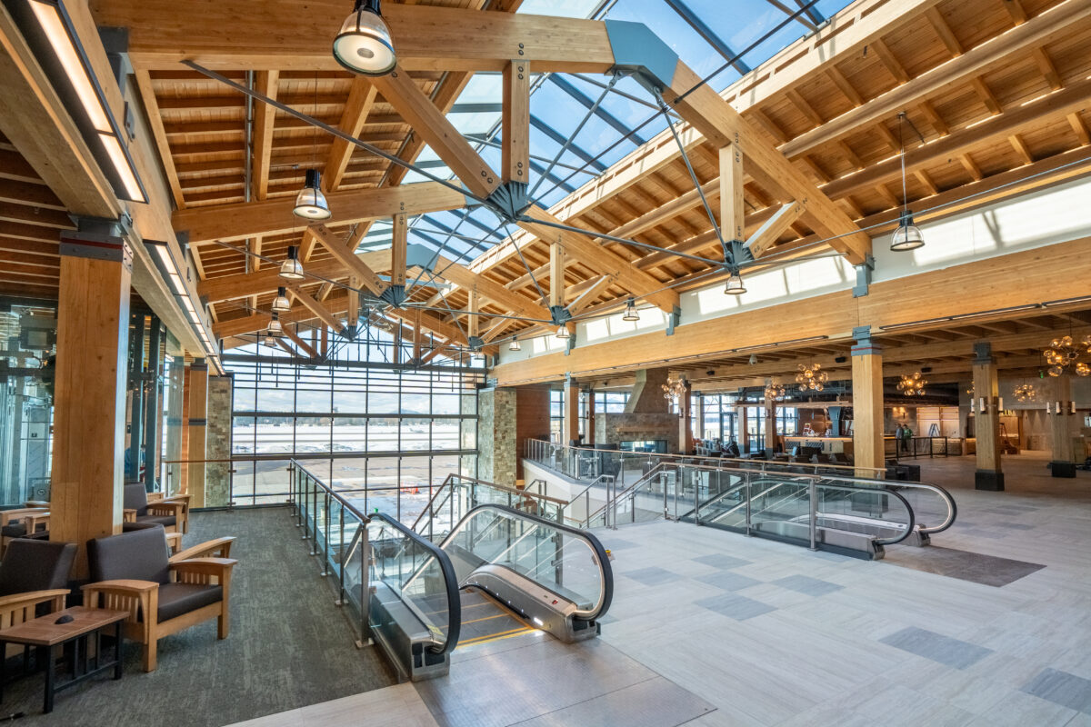 Glacier Park International Airport new terminal interior with vaulted ceiling and skylights
