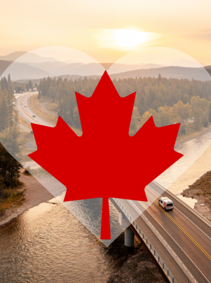Aerial photo of road in to Flathead Valley with red leaf graphic on a transparent heart
