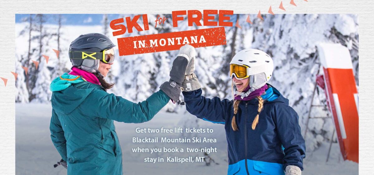 Two skiers high-fiving on a snowy mountain in Montana with ‘Ski for Free’ promotion text.
