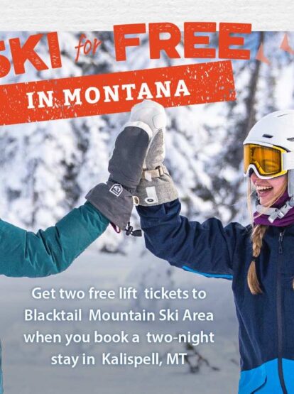 Two skiers high-fiving on a snowy mountain in Montana with ‘Ski for Free’ promotion text.